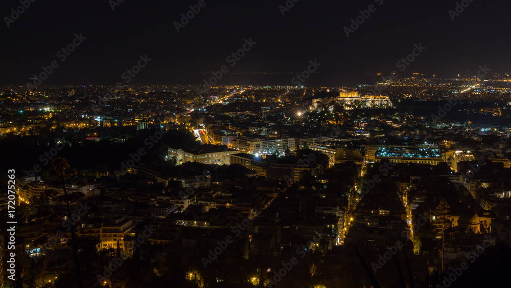 The skyline of Athens with the Parthenon and the Acropolis at night