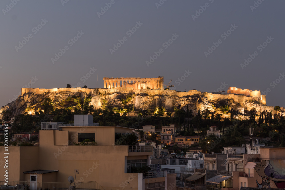 View of the acropolis from a rooftop in monastiraki minutes before the sunrise