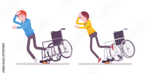 Male and female young wheelchair user tripping over