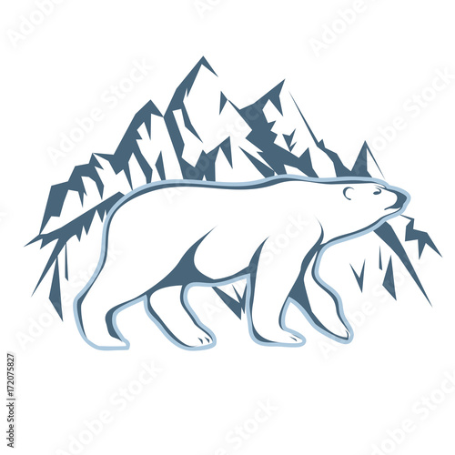 White polar bear drawn against a background of snow mountains