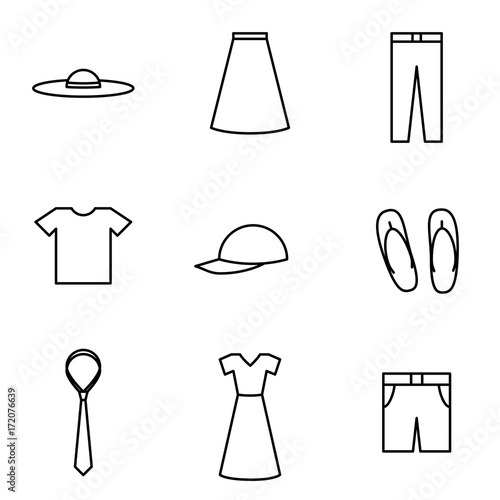 Vector illustration of thin line icons for garments. Collection 16. Linear symbols set: hat, skirt, trousers, T-shirt, cap, flip-flops, tie, dress, shorts.