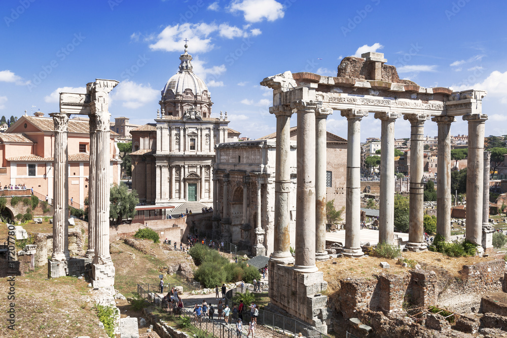 View of the ruins of a Roman forum with famous sights, Rome, Italy