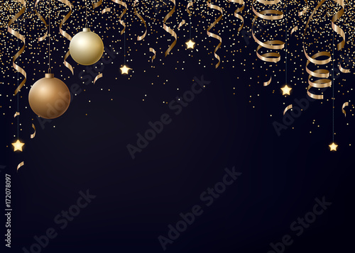 Vector Christmas background with gold serpentines, glitter, confetty and cristmas balls on a dark background.