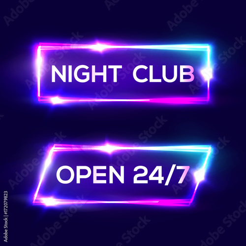 Open 24 7 Hours. Night Club Neon Sign. 3d Retro Light Bar Glowing Set With Neon Effect. Techno Frames On Dark Blue Backdrop. Electric Street Banners Design. Colorful Vector Illustration in 80s Style.