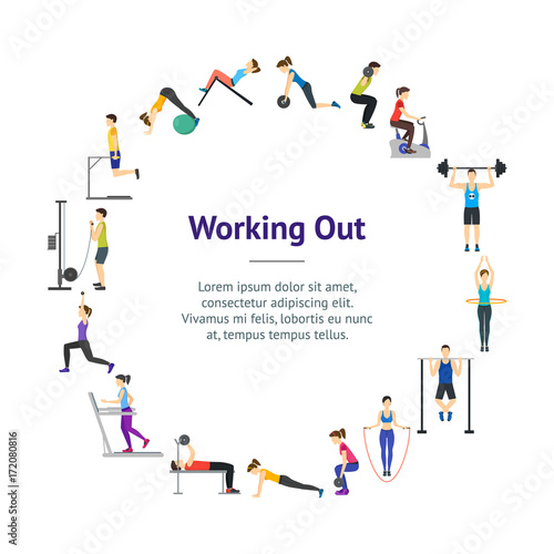 Cartoon Girl and Boy Workout Exercise in Gym Banner Card Circle. Vector