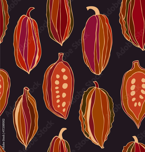 Seamless contrast pattern with cocoa beans. Decorative vector colorful chocolate background