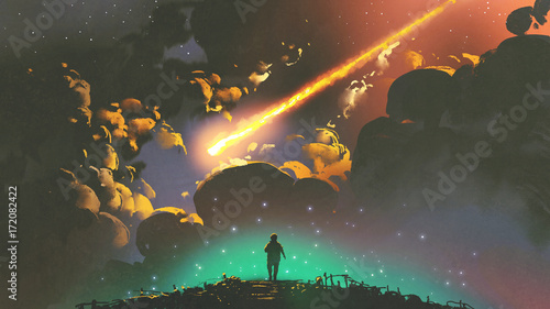 Fototapeta night scenery of a boy looking the meteor in the colorful sky, digital art style, illustration painting