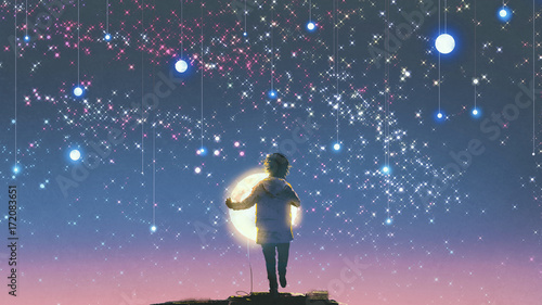 the boy holding glowing moon standing against hanging stars in the beautiful sky, digital art style, illustration painting