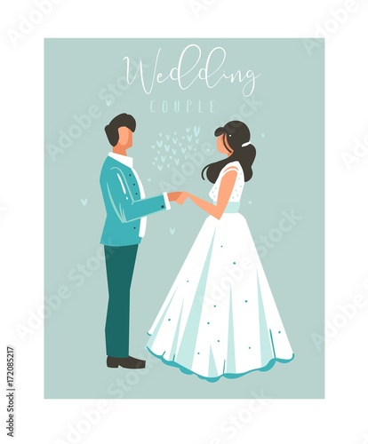 Hand drawn vector abstract cartoon wedding couple illustrations collection element set isolated on blue background