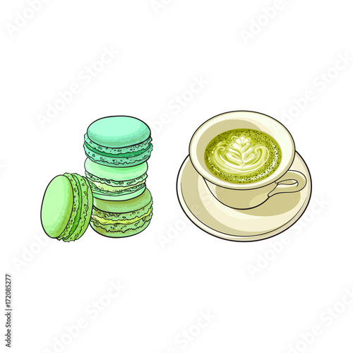 vector sketch cartoon hand drawn cap of whipped green mathca tea on a plate and macaroni sweets set. Isolated illustration on a white background. Traditional tea ceremony attribute, symbol