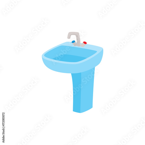 vector flat cartoon ceramic washbasin or sink with metal mixer faucet. Isolated illustration on a white background. Daily routine activities and objects concept