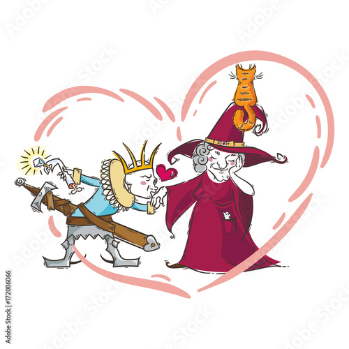 Cute cartoon with witch and lich. Love in happy Halloween