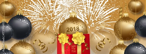 vector illustration of new year 2018 background with christmas gold balls and gift