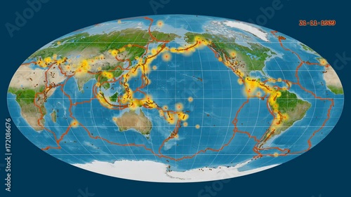 Earthquakes on the satellite map. Prime meridian: 180 degree