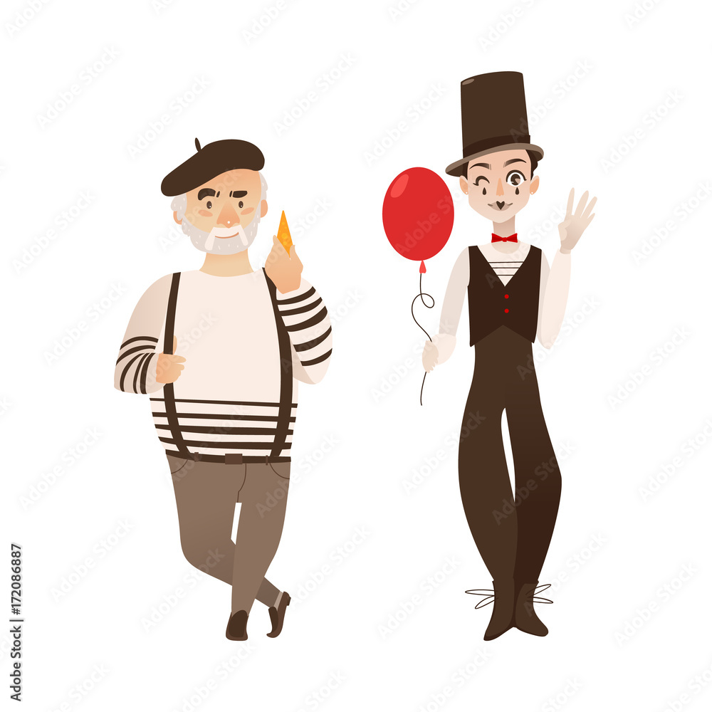 French characters, mime and cheese loving gourmand, symbols of France, flat cartoon vector illustration isolated on white background. Typical, stereotypical French men, people - mime and gourmand French characters, mime and cheese loving gourmand, symbols of France, flat cartoon vector illustration isolated on white background. Typical, stereotypical French men, people - mime and gourmand