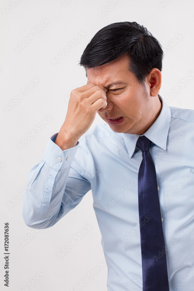 sick, stressed, overworked man with sinus headache, blurred vision sick, stressed, overworked man with sinus headache, blurred vision