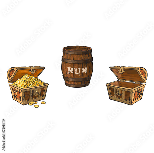 vector cartoon pirates symbols set isolated. opened empty and full of gold wooden treasure chest, wooden rum barrel. Pirates, risk adventure and treasure symbol