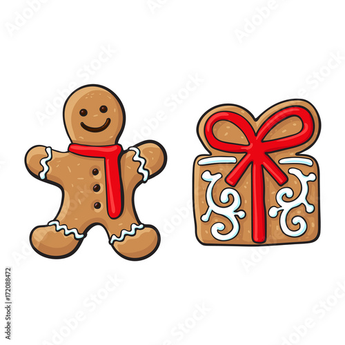 Glazed gingerman and present box Christmas gingerbread cookies, sketch vector illustration isolated on white background. Christmas glazed gingerbread cookie in shape of gingerman and present, gift box