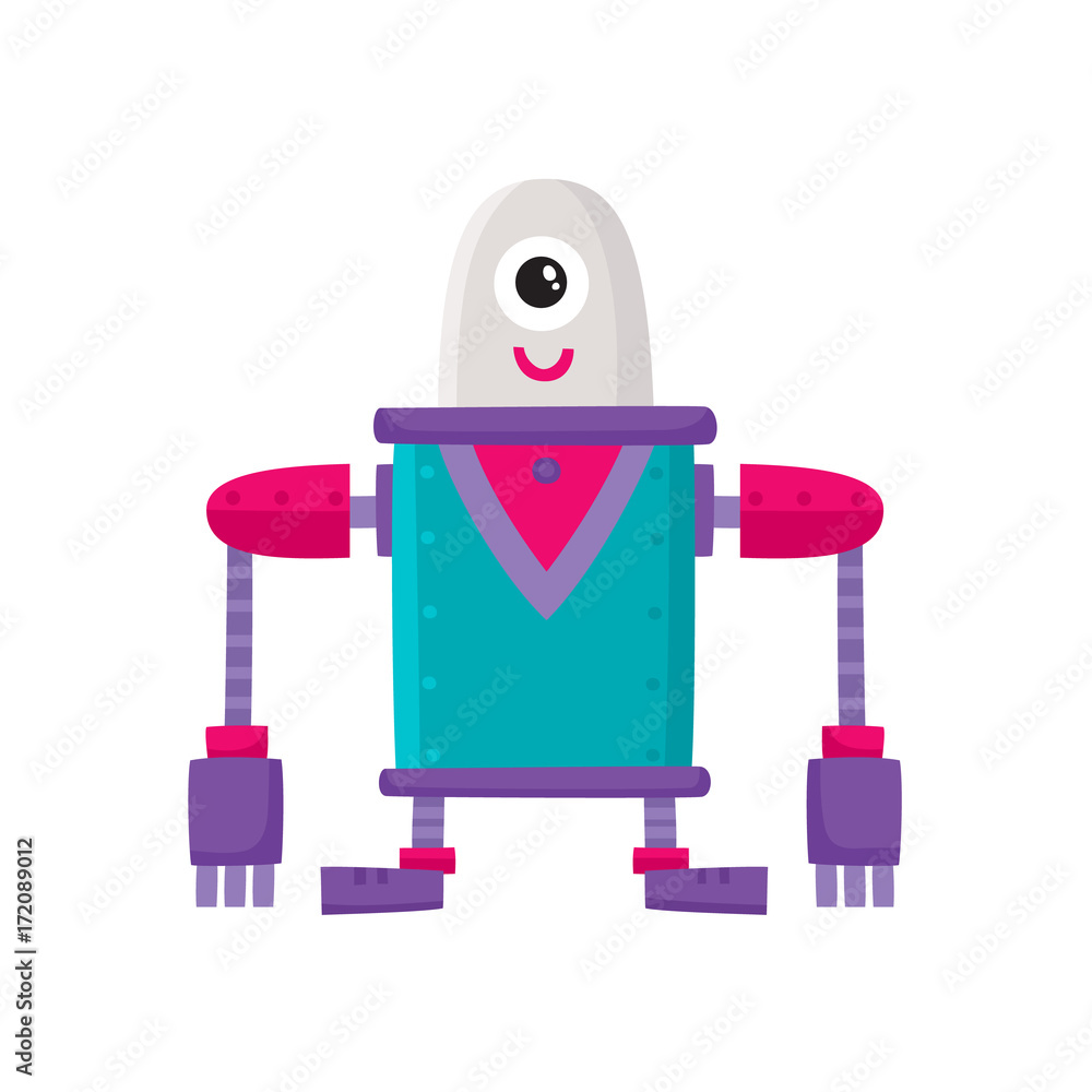 vector flat cartoon funny friendly robot. Big Humanoid character with short  legs and long arms and one big eye, smiling. Isolated illustration on a  white background. Childish futuristic android. Stock Vector |