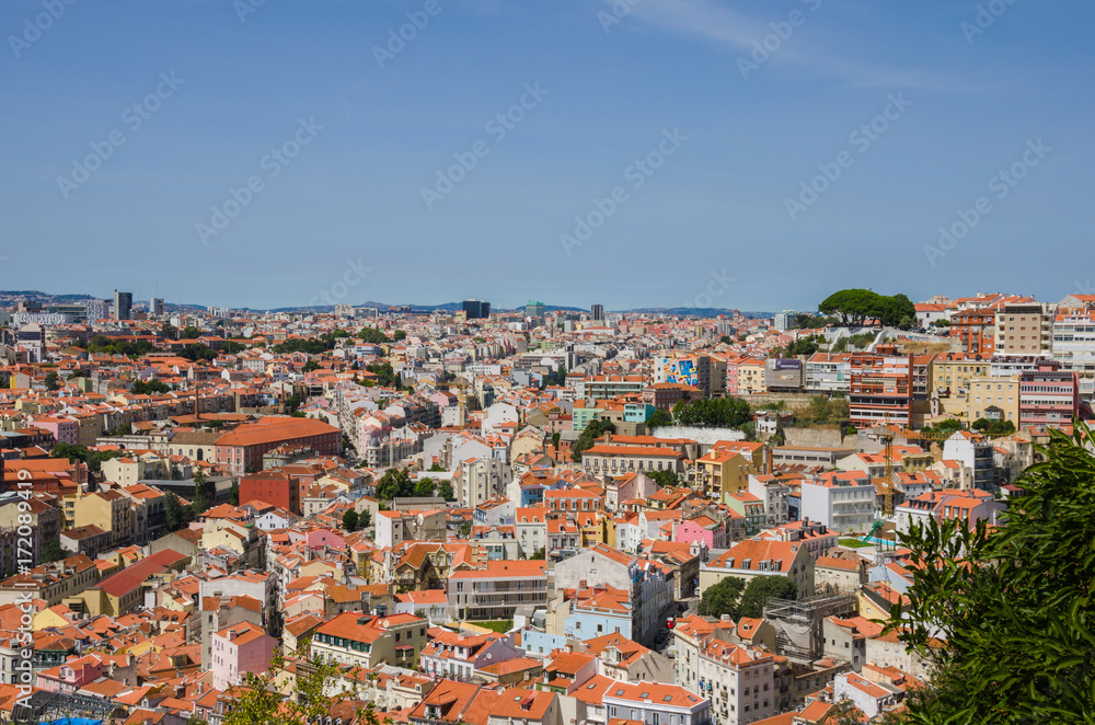 View over Lisbon city and Fernando Pessoa graffiti, Portugal