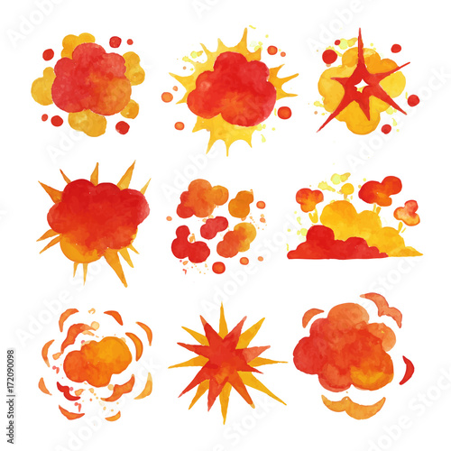 Explosions set, fire explosion effect watercolor vector Illustrations