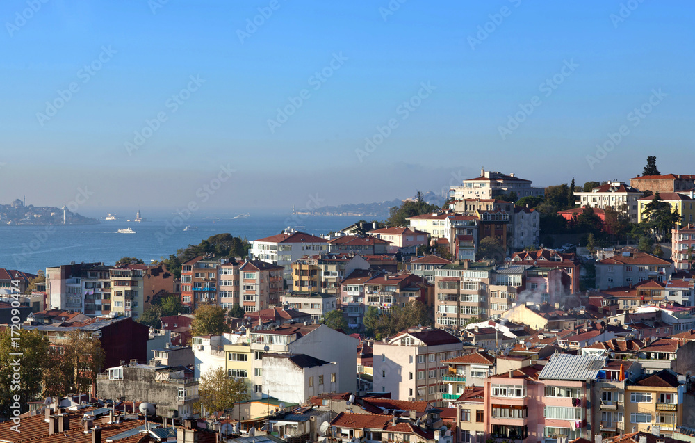 Panoramic cityscape with a residential area and bridge in Istanbul, Turkey