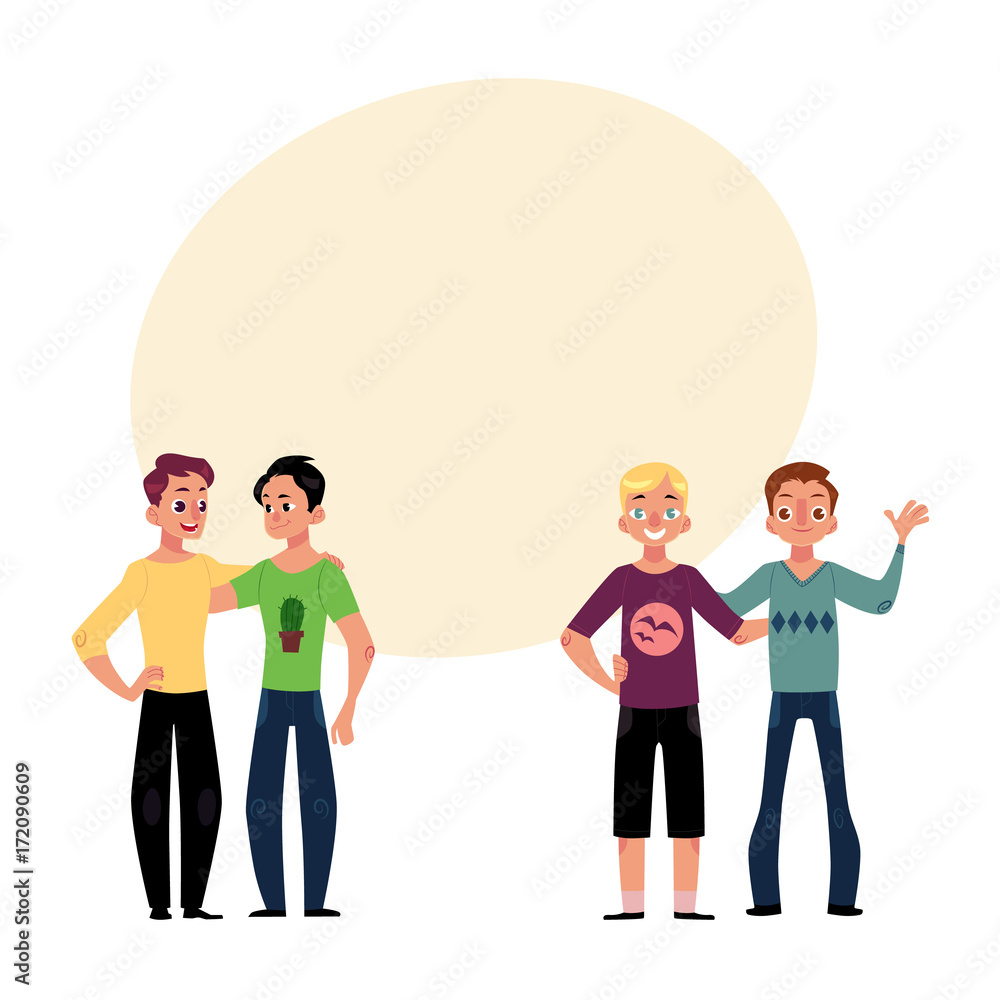 Male friendship concept two couple of boys, men, best friends hugging each  other, cartoon vector illustration with space for text. Boys, men, friends  standing and hugging each other Stock Vector | Adobe