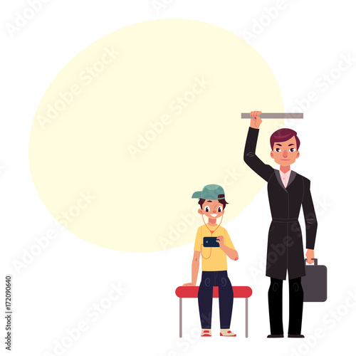 Businessman holding briefcase in subway, standing and holding handrail, young boy sits staring at phone, studen cartoon vector illustration with space for text.