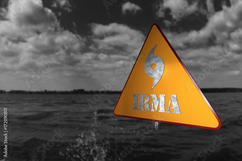 Hurricane Irma Danger Sign and Storm In The Background 3D Rendering