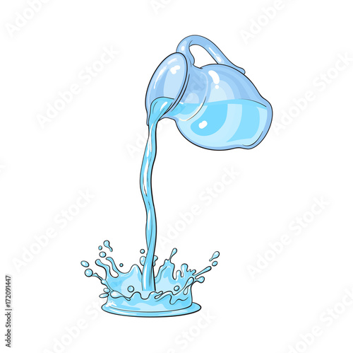 vector water carafe, pitcher with flowing water splash. Isolated cartoon illustration on a white backround. Kitchen glassware utensil