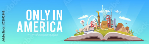 Travel to America. Open book with landmarks.