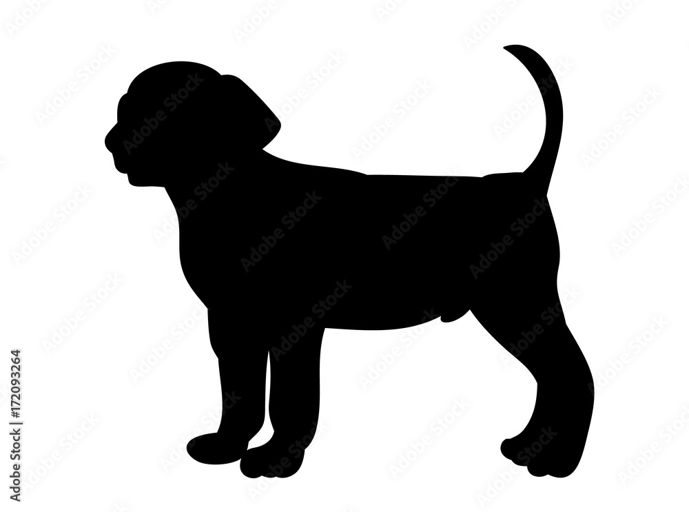  isolated black silhouette of dog stands on white background