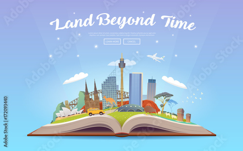 Travel to Australia. Open book with landmarks.