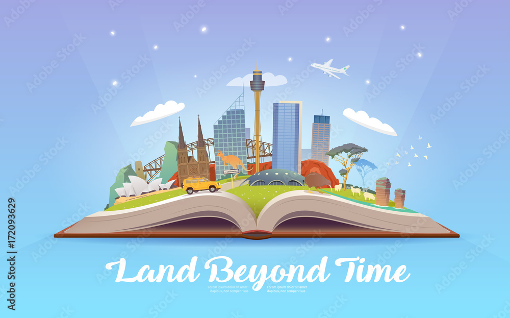 Travel to Australia. Open book with landmarks. Travel to Australia. Open book with landmarks.