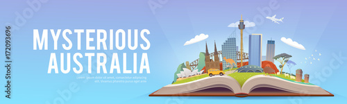 Travel to Australia. Open book with landmarks.