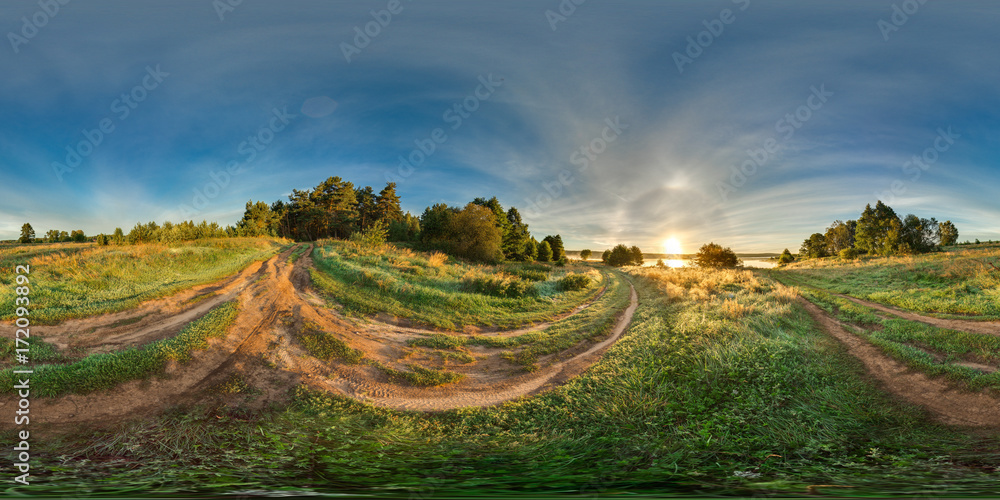 3D spherical panorama with 360 viewing angle. Ready for virtual reality or VR. Full equirectangular projection. Sunrise in the field. Roads in the field.