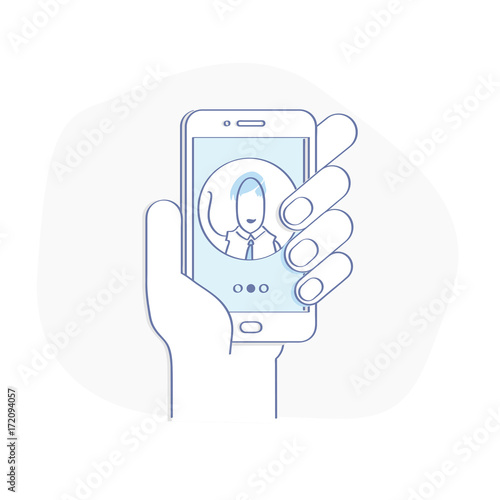 Contacts, video mobile phone call. Symbol of connection, support or contacts. Mobile phone in hand with human profile on the screen. Modern concept for web banners, web sites