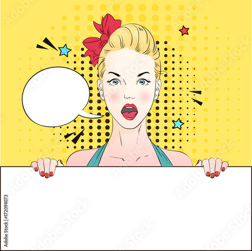 Pop Art Vintage advertising poster comic girl with speech bubble holds a white banner. Vector illustration