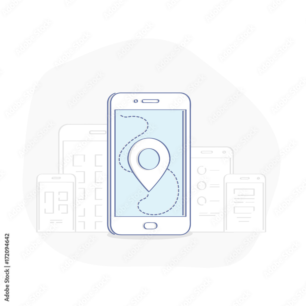 GPS Navigation app on Mobile Phone. GPS Navigator Pin Checking blue color on white background. Isolated vector in trendy flat line design.