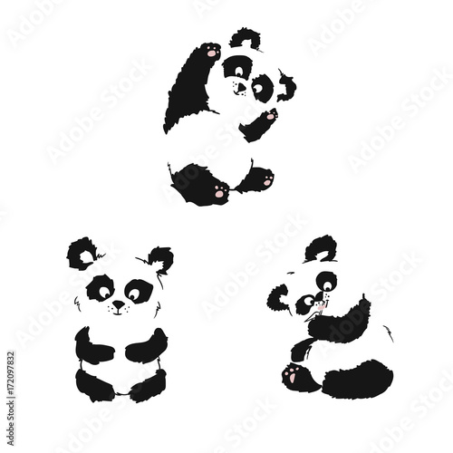 Fototapeta Naklejka Na Ścianę i Meble -  Set of silhouettes of sitting panda cubs. Hand drawing.