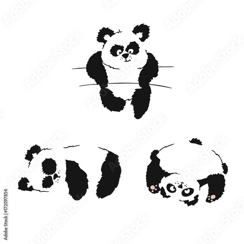 Fototapeta Naklejka Na Ścianę i Meble -  Set of silhouettes of sitting panda cubs. Panda slipping and playing. Hand drawing.