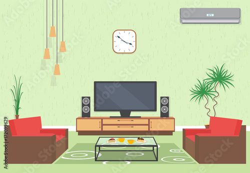 Interior design of living room in flat style with furniture, sofa, table, tv, flower, air conditioning and clock.