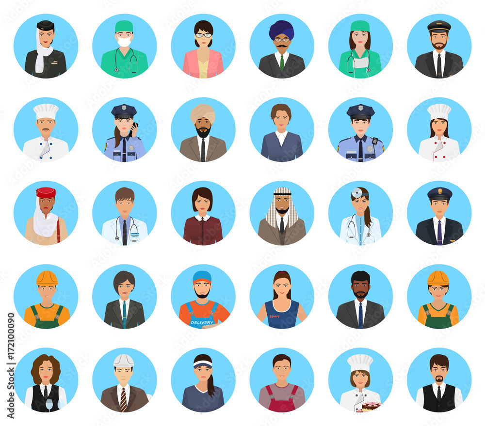 Avatars characters people of different occupation set. Professions persons icons of faces on a blue background. Avatars characters people of different occupation set. Professions persons icons of faces on a blue background.