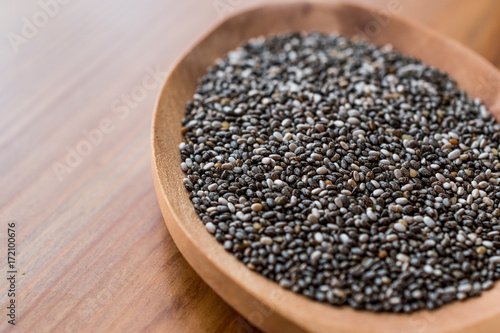 Chia Seeds in a wooden spoon.