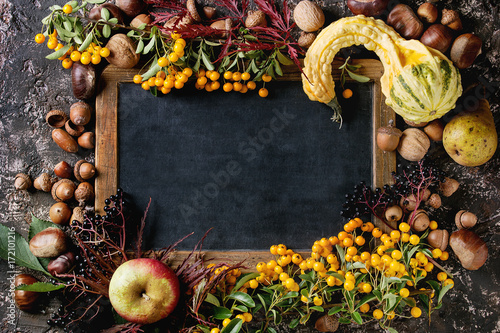Frame from autumn berries, pumpkin, leaves and nuts with empty vintage chalkboard over brown concrete background. Top view with space for text. Fall harvest concept.