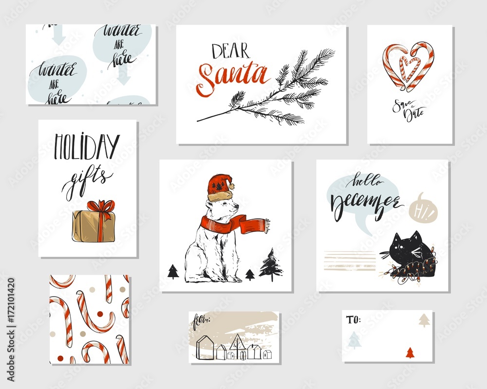 Collection of different hand made vector abstract Merry Christmas greeting card set with polar bear,candy canes,Christmas tree brunch,black funny cat,gift boxes and modern Xmas calligraphy phases
