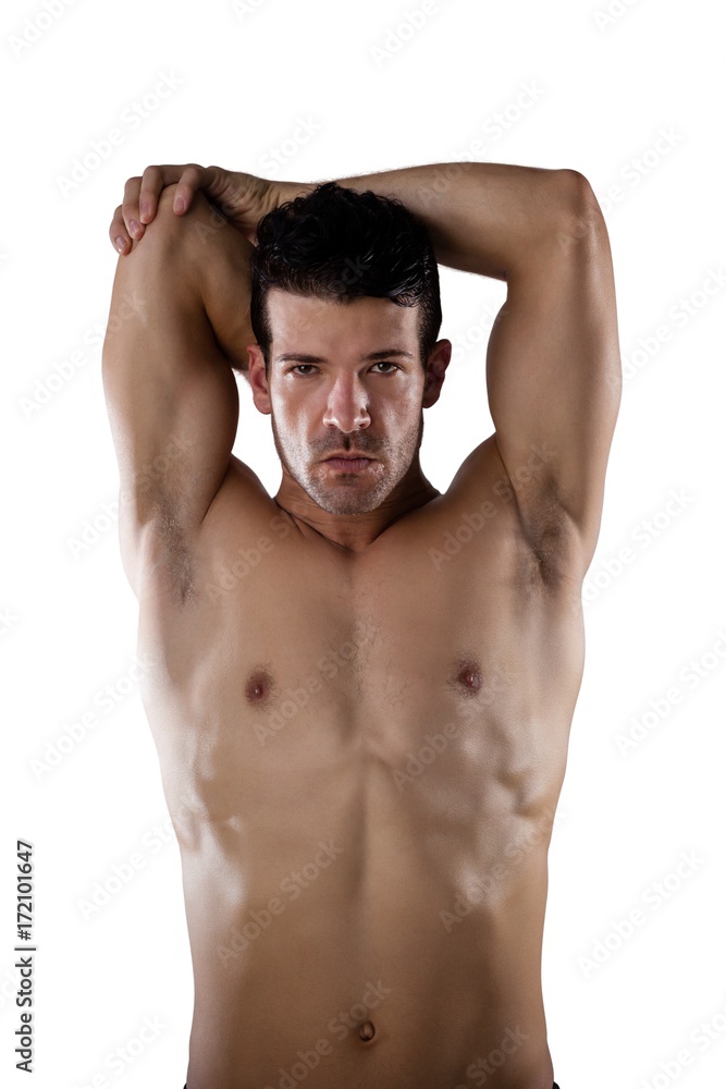 Portrait of determind shirtless sports person stretching hands Portrait of determind shirtless sports person stretching hands
