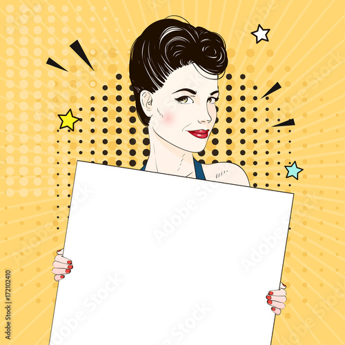 Comic Pop art woman holds a white banner and requests to call . Vector illustration. photo