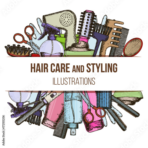 Set of colorful sketch equipments for styling and hair care. Products and tools for home remedies of hair care. Vector