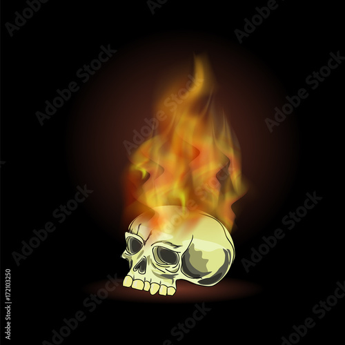 Burning Old Human Skull with Fire Flame